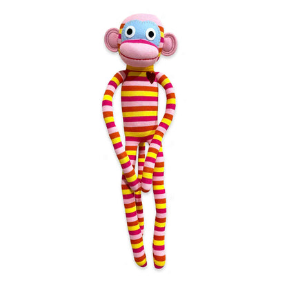 Colorful striped sock monkey toy on a white background