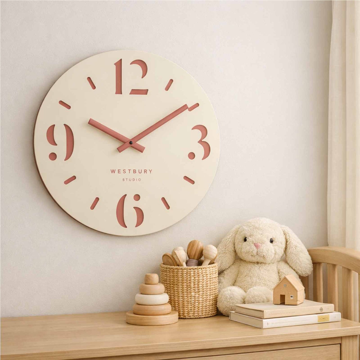 Sandstone Wall clock in a neutral nursery
