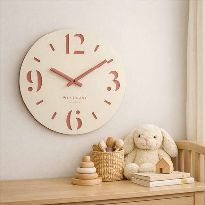 Sandstone Wall clock in a neutral nursery
