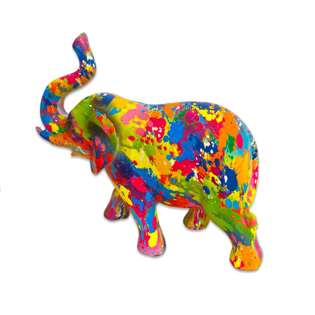 Colorful splatter-painted elephant figure on a white background