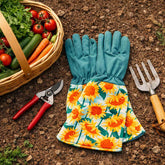 Gardening gloves with sunflower pattern on a soil background with garden tools and vegetables.