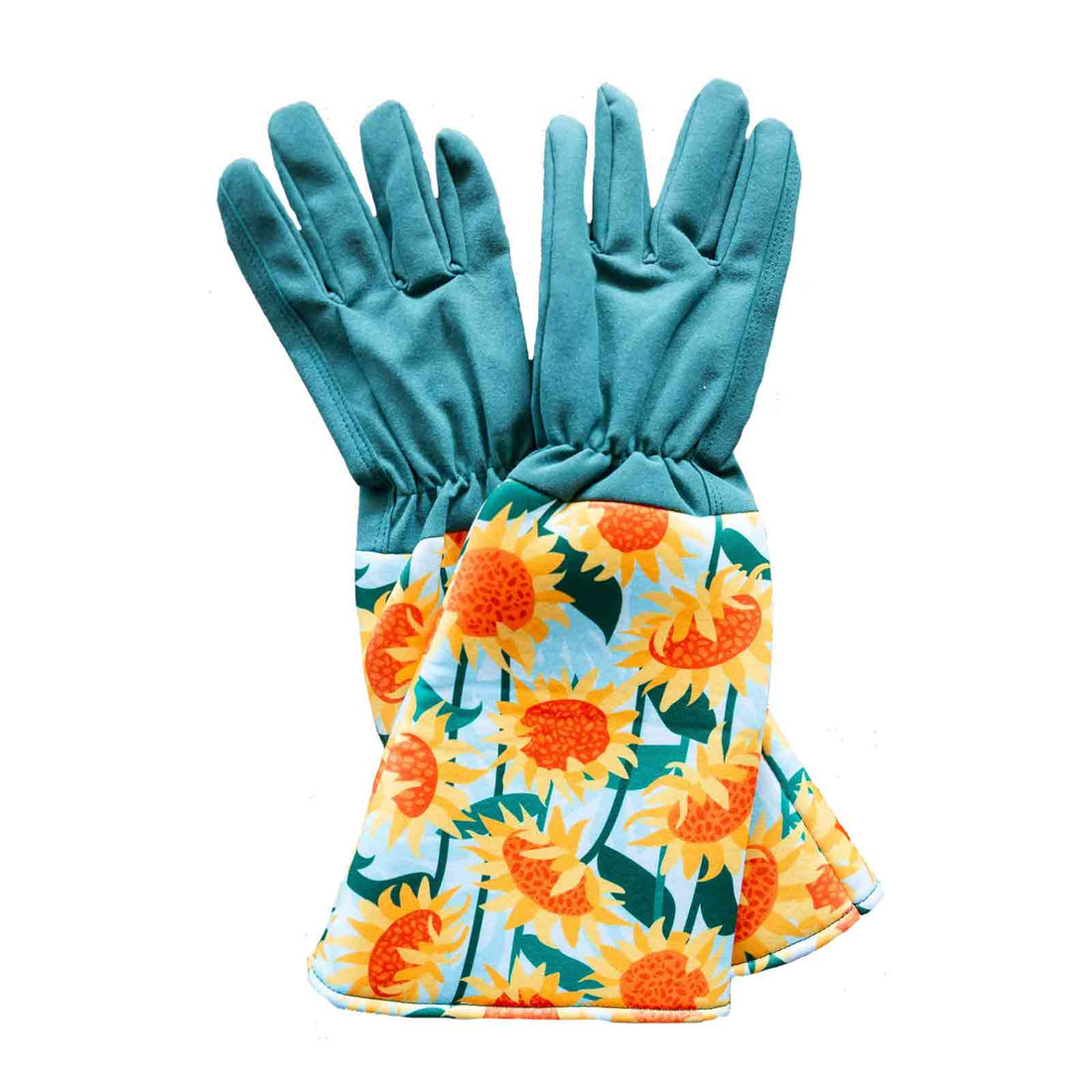 Pair of gardening gloves with sunflower pattern on a white background