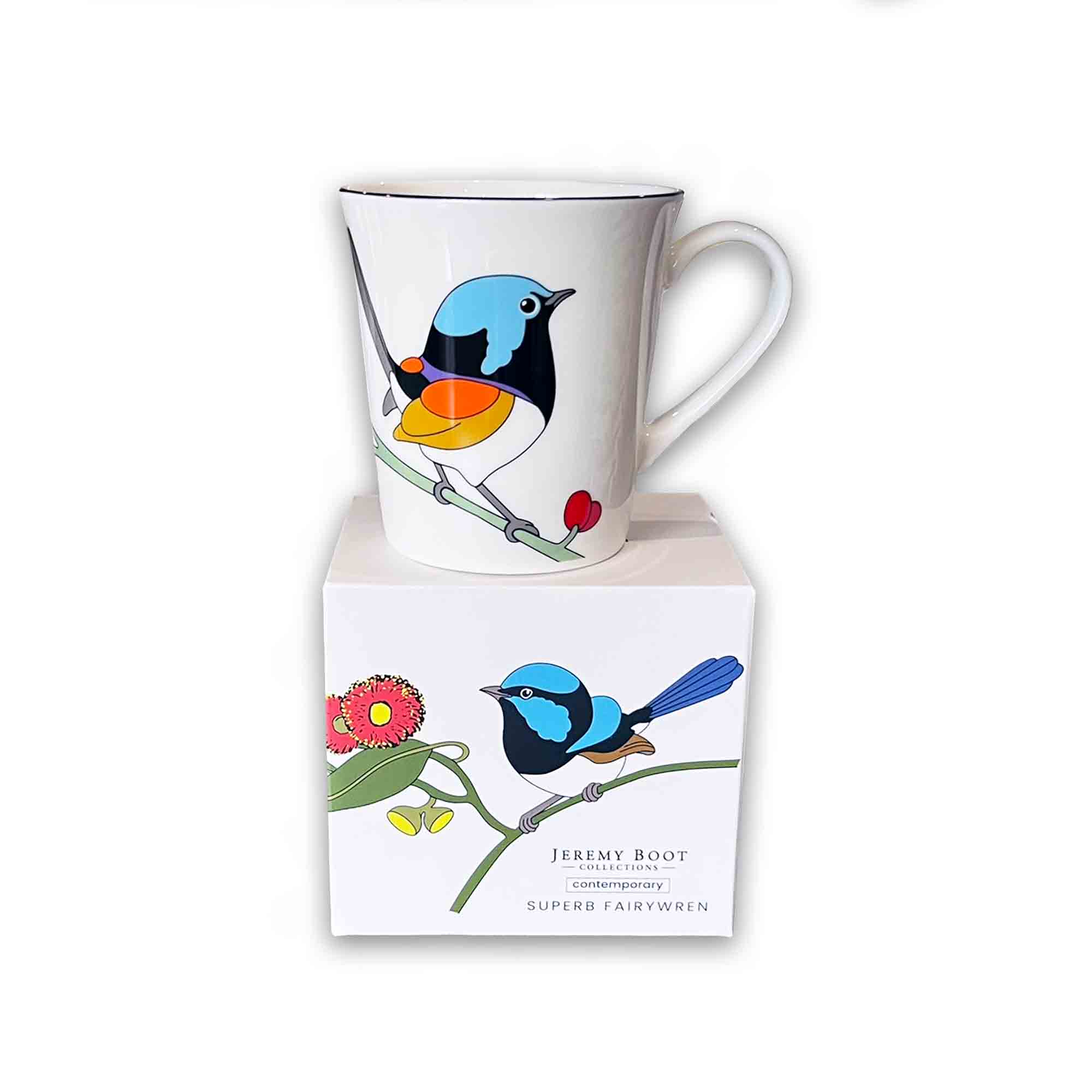 Mug with bird design and matching box on a white background featuring the contemporary work of Australian artist Jeremy Boot