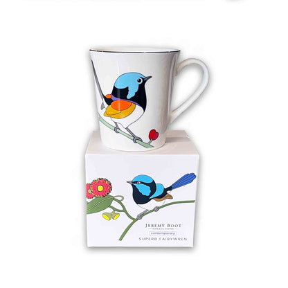Mug with bird design and matching box on a white background featuring the contemporary work of Australian artist Jeremy Boot