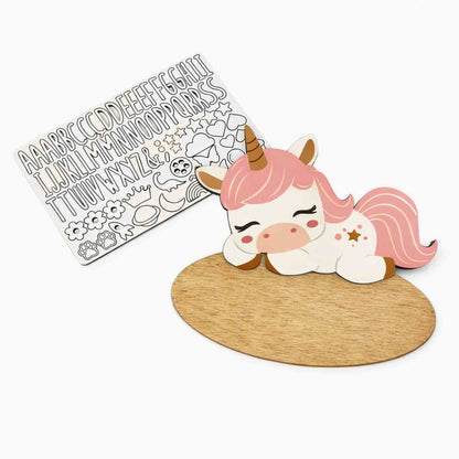 Handmade customisable sleeping unicorn wooden name sign with pop out wooden letters
