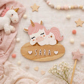 Handmade customisable sleeping unicorn wooden name sign