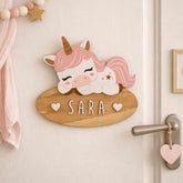Handmade customisable sleeping unicorn wooden name sign
