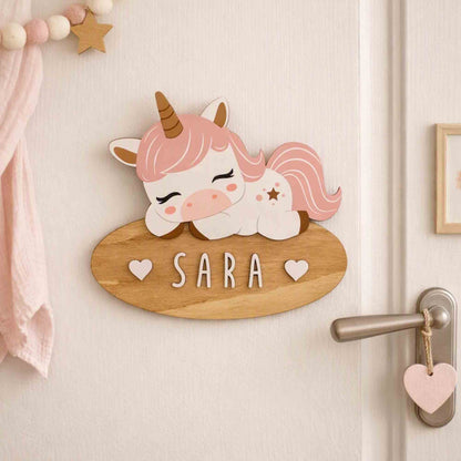 Handmade customisable sleeping unicorn wooden name sign