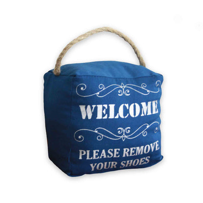 Navy blue canvas door stop with ‘Please Remove Your Shoes’ message and jute handle