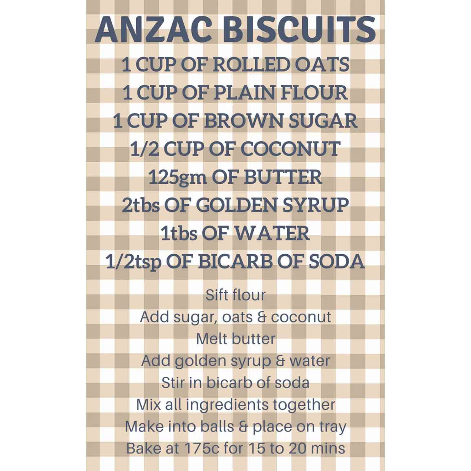 Anzac Biscuits 100% Cotton Tea Towel