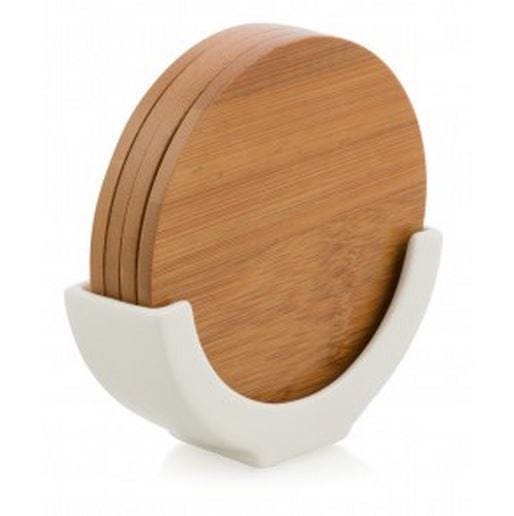 Bamboo Coasters on a White Porcelain Stand - Set of 4.