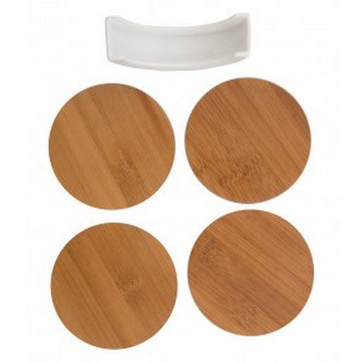 Bamboo Coasters on a White Porcelain Stand - Set of 4.