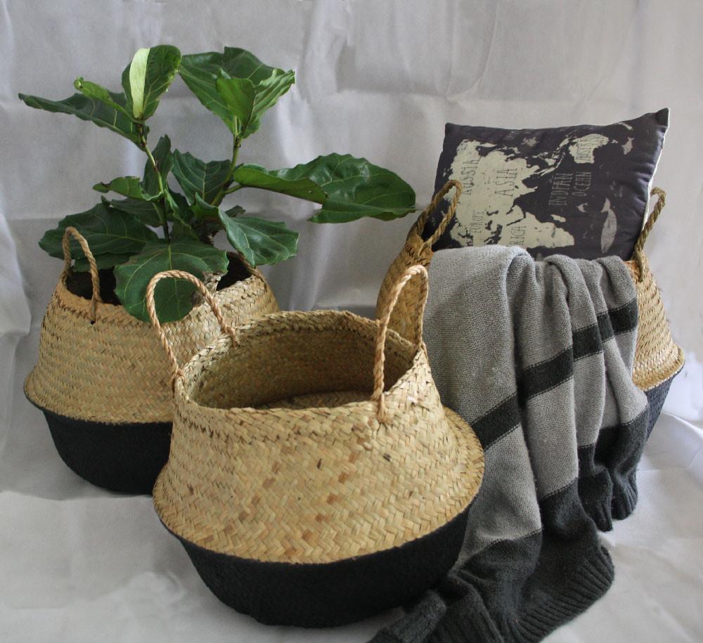 Medium Foldable Seagrass Belly Basket - Black.