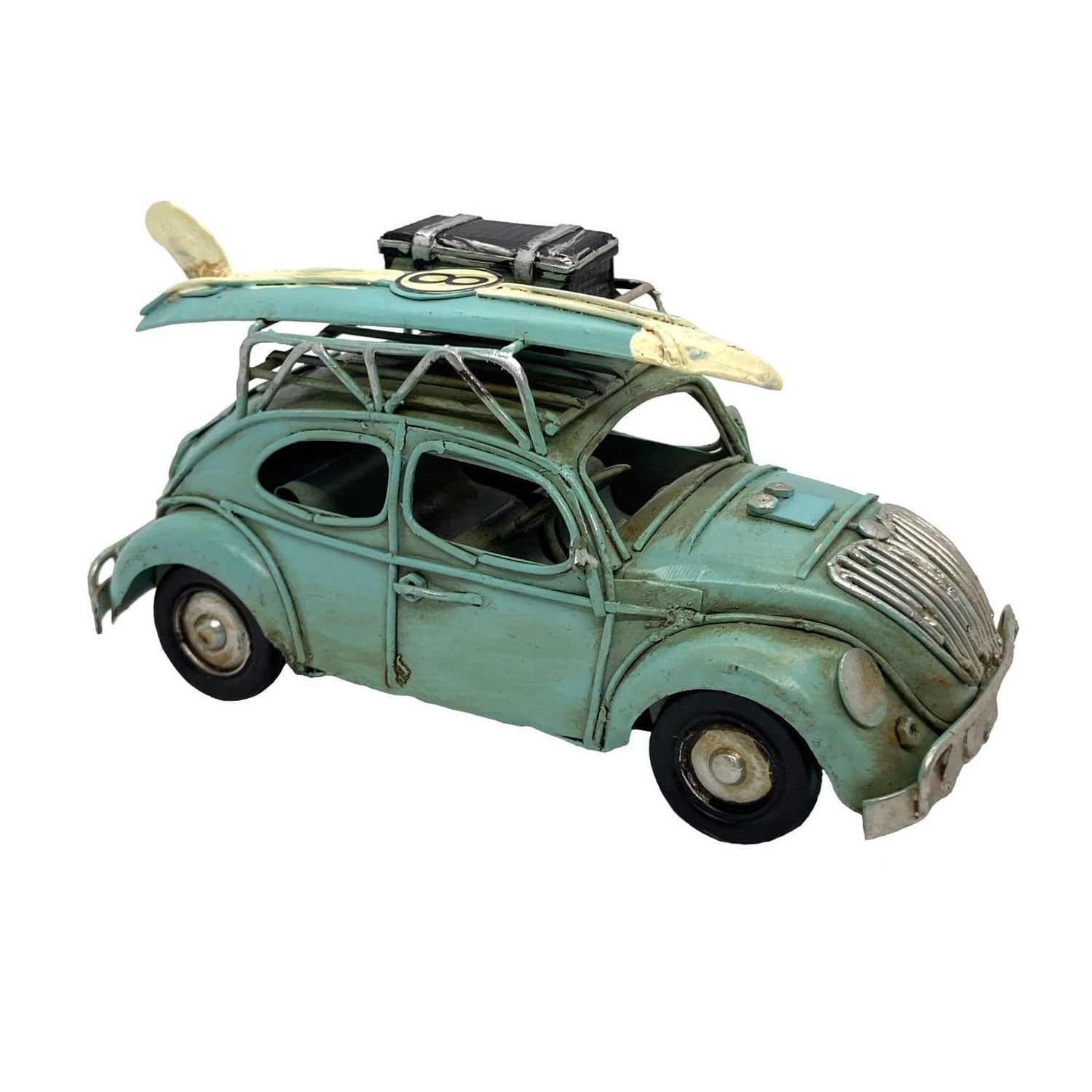 Blue Tin Bug with Surfboard / Luggage