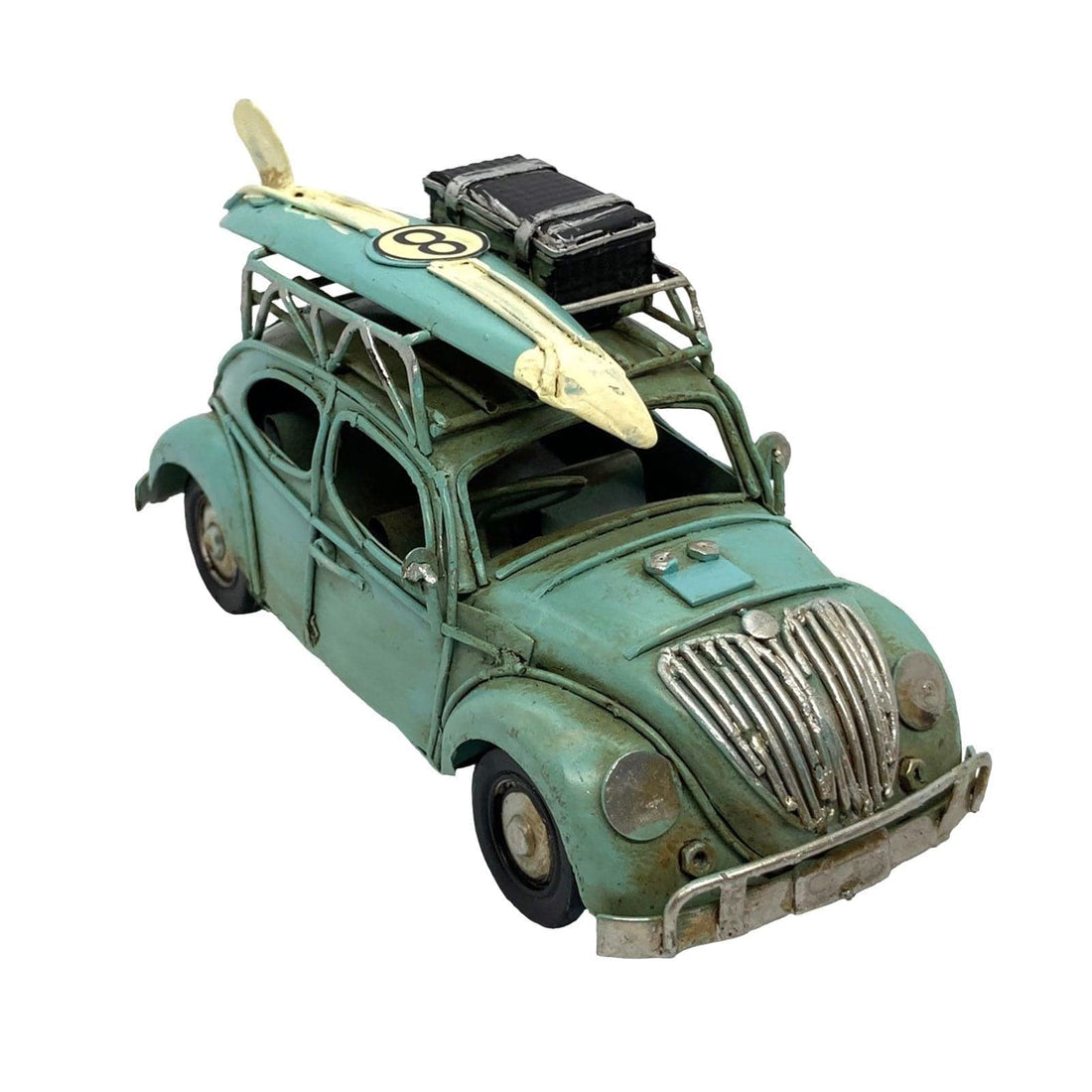 Blue Tin Bug with Surfboard / Luggage