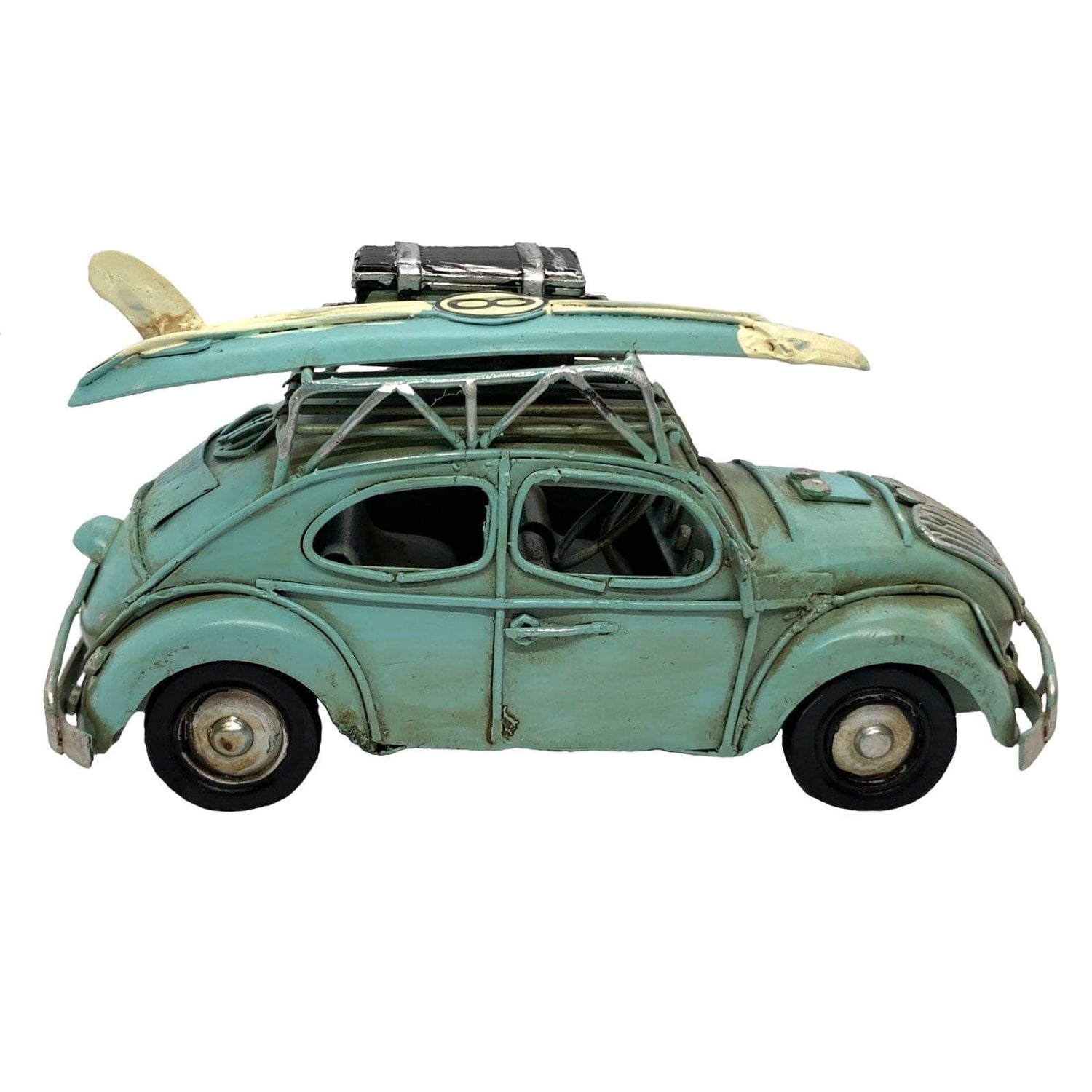 Blue Tin Bug with Surfboard / Luggage