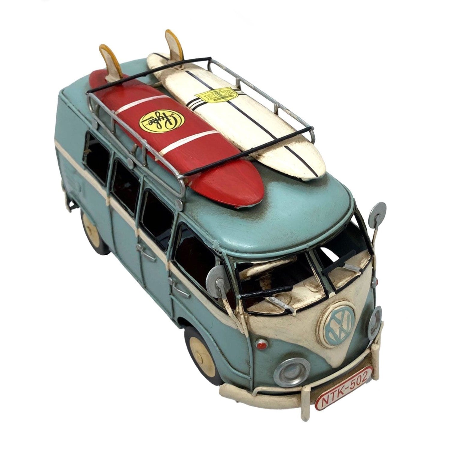 Blue VW Kombi with Surfboards
