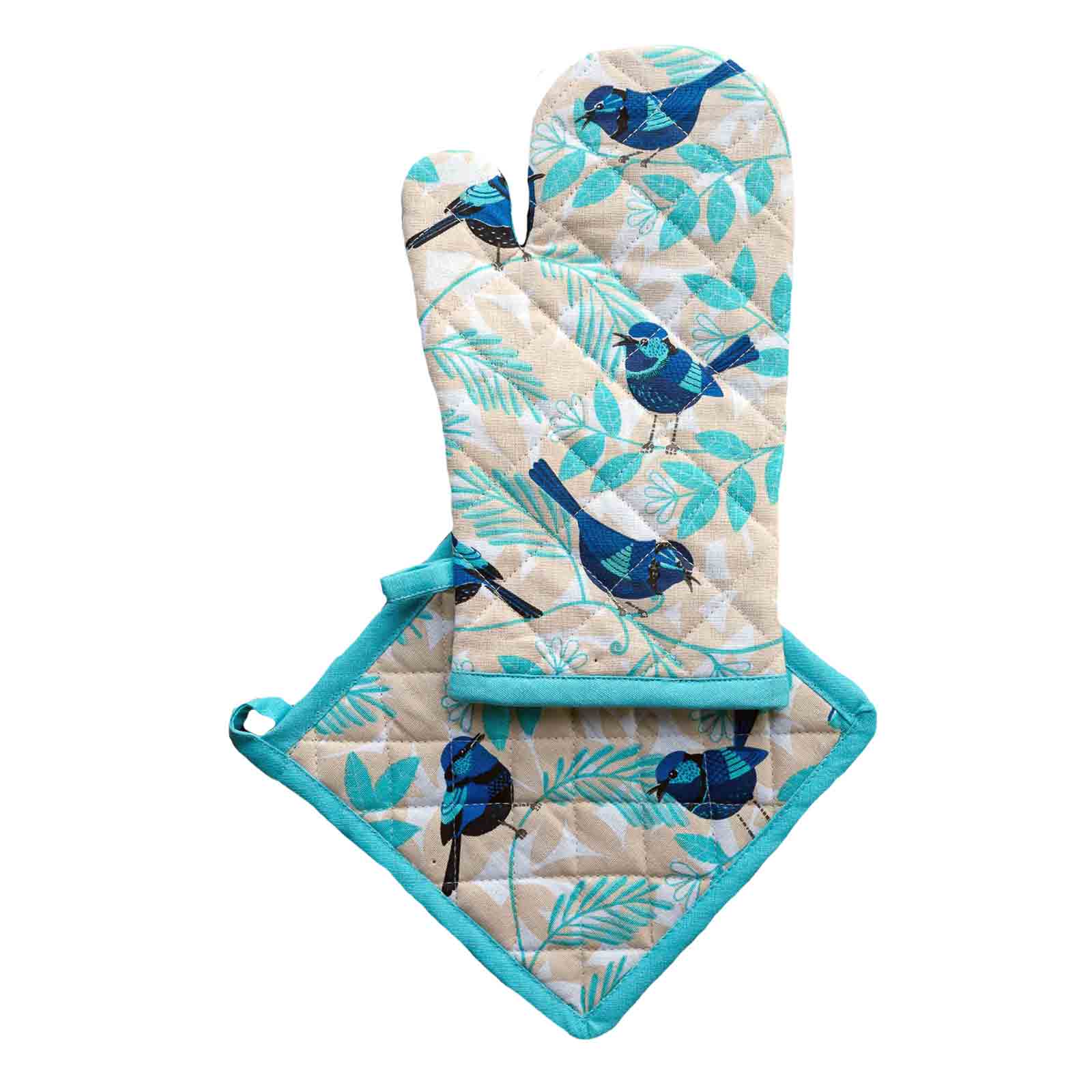 Blue Wren 100% Cotton Oven Glove and Pot Holder