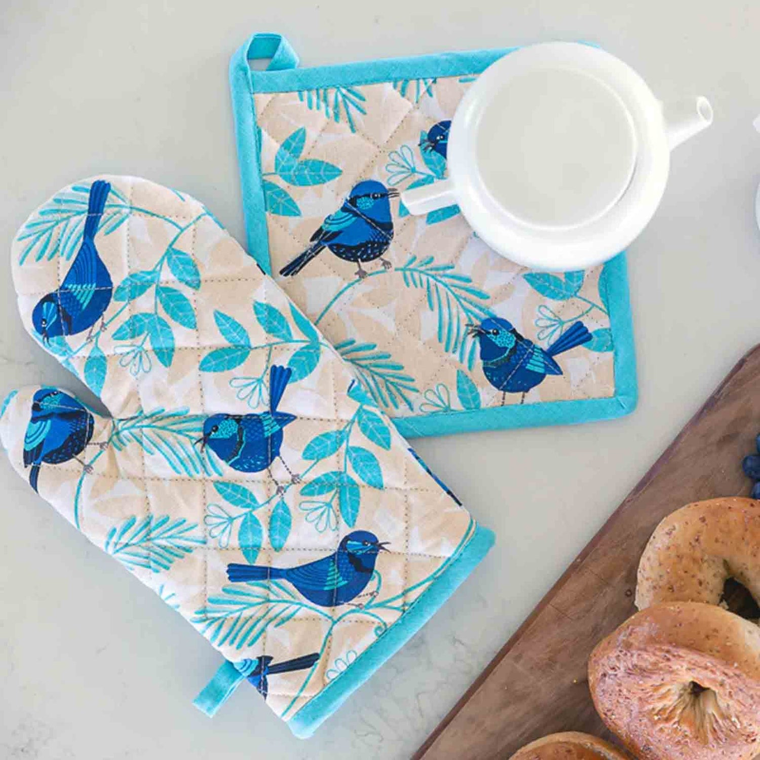 Blue Wren 100% Cotton Oven Glove and Pot Holder