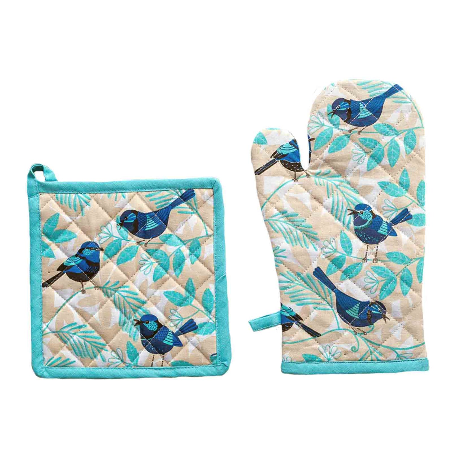 Blue Wren 100% Cotton Oven Glove and Pot Holder