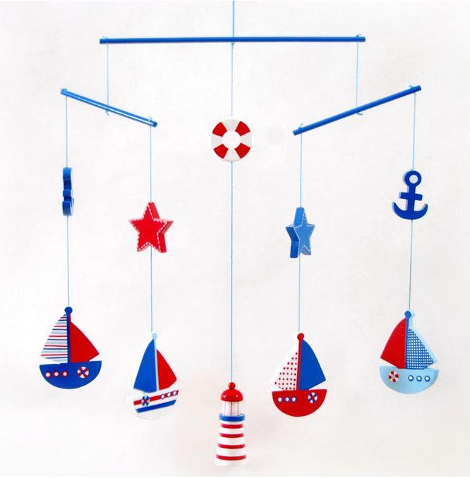 Hanging Sail Boat Wooden Mobile.