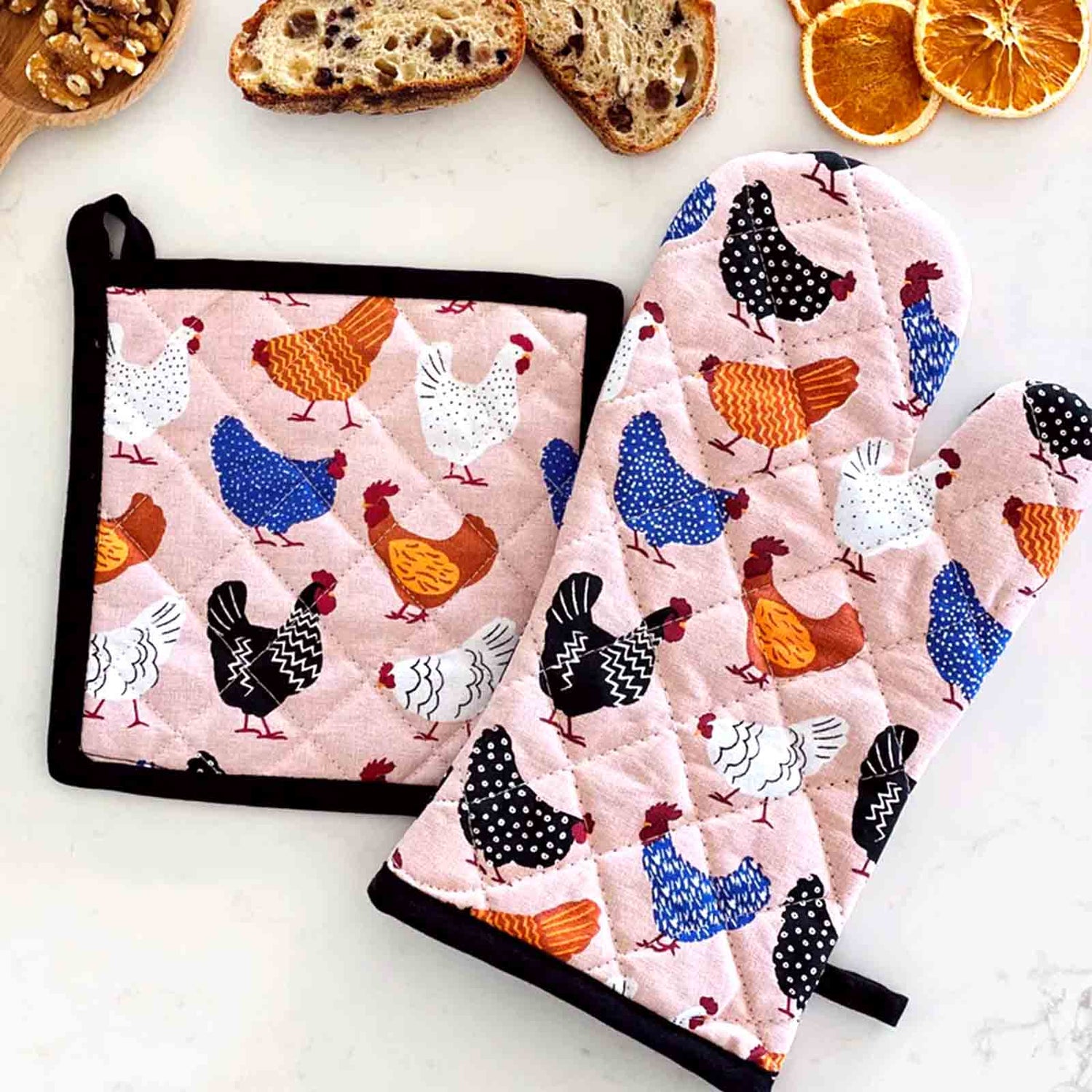 Bright Hens 100% Cotton Pot Holder and Oven Mitt Set