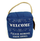 Navy blue canvas door stop with ‘Please Remove Your Shoes’ message and jute handle
