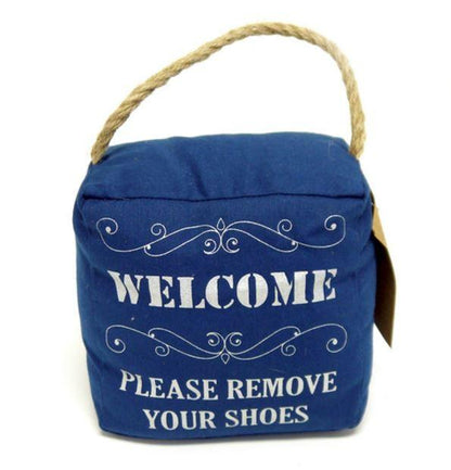 Navy blue canvas door stop with ‘Please Remove Your Shoes’ message and jute handle