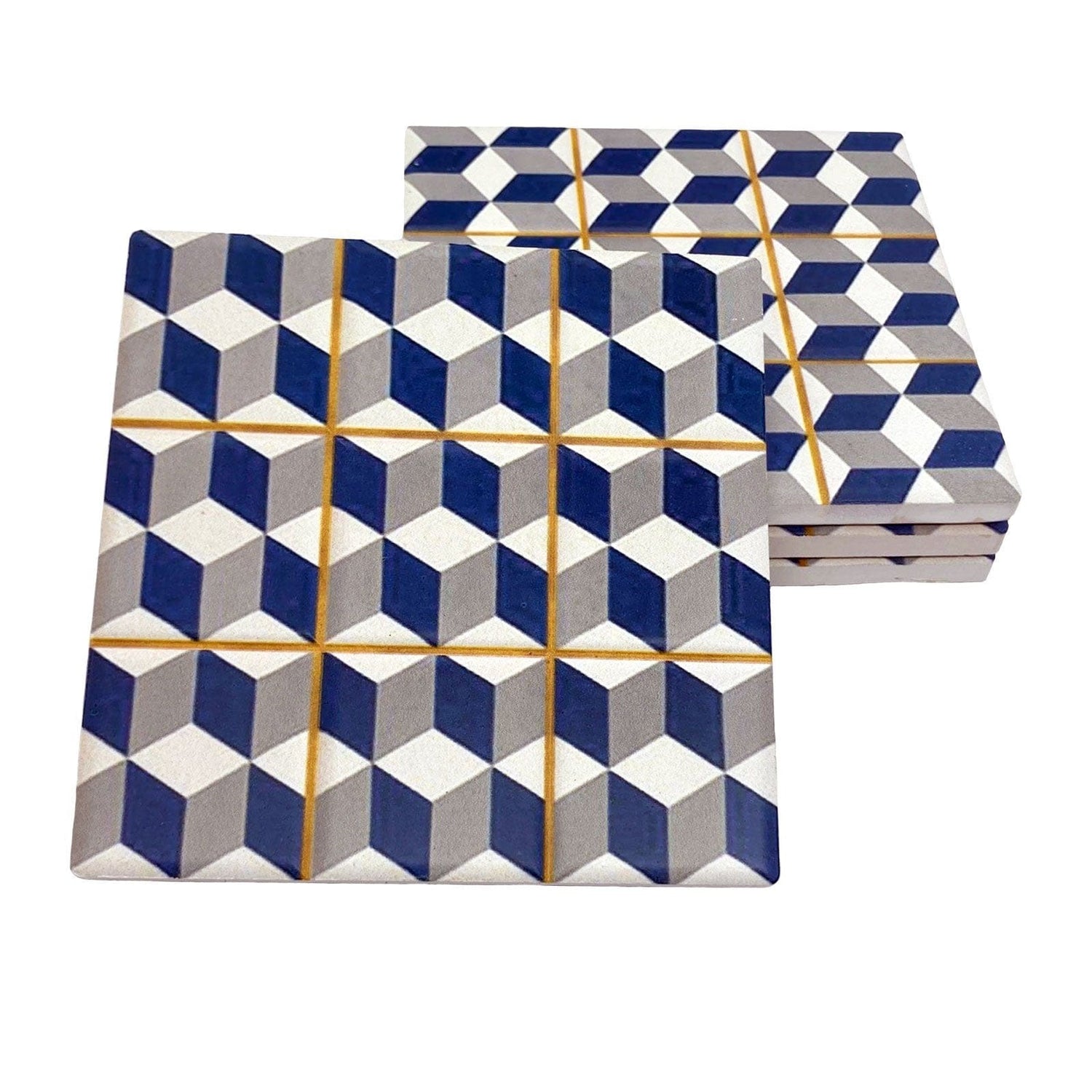 Blue and Grey Moroccan Tile Coasters - Design 10 - Set of 4