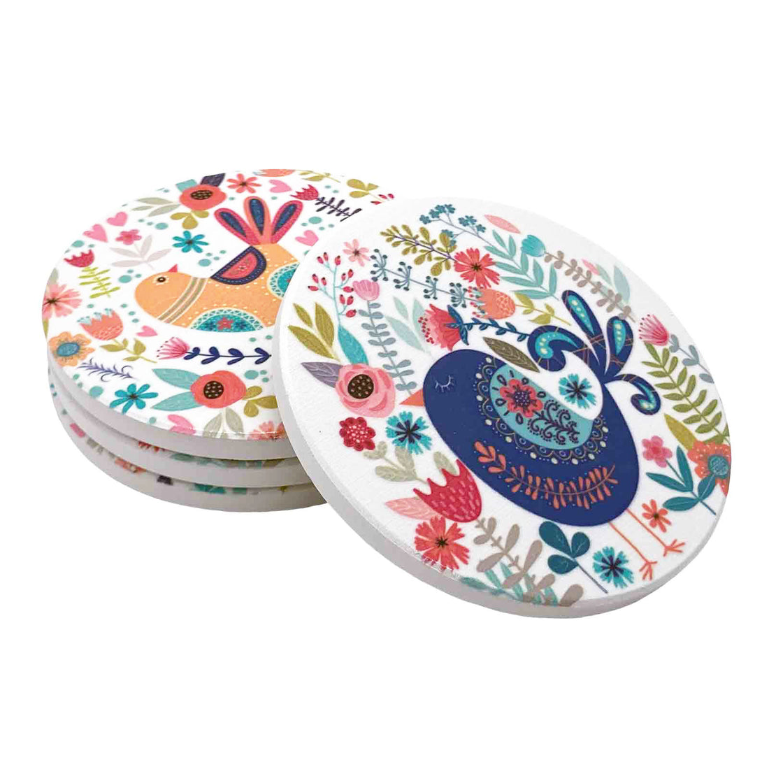 Folksy Birds Ceramic Coasters - Set of 4