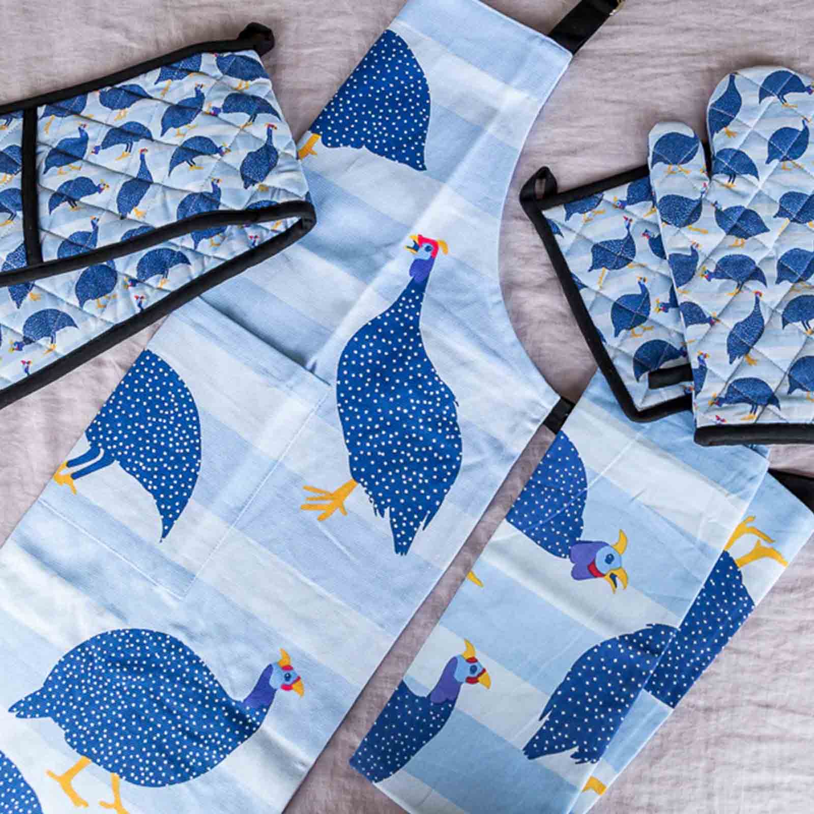 Guinea Fowl 100% Cotton Tea Towel, Apron, Double Oven Glove, Oven Mitt and Pot Holder