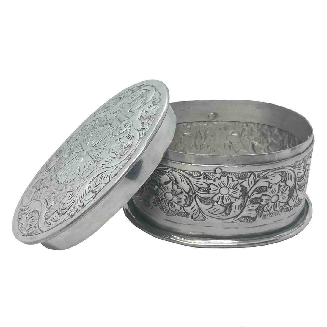 Silver Aluminium Oval Embossed Trinket Box