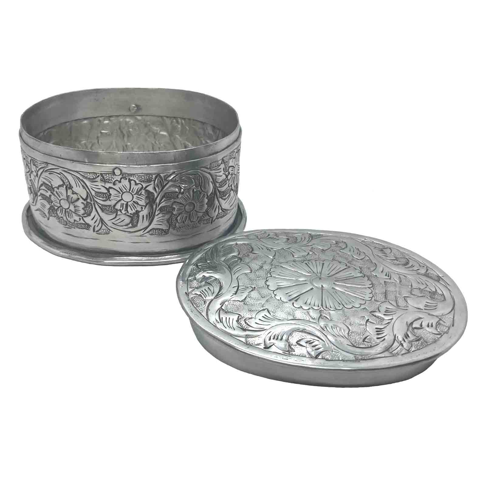 Silver Aluminium Oval Embossed Trinket Box