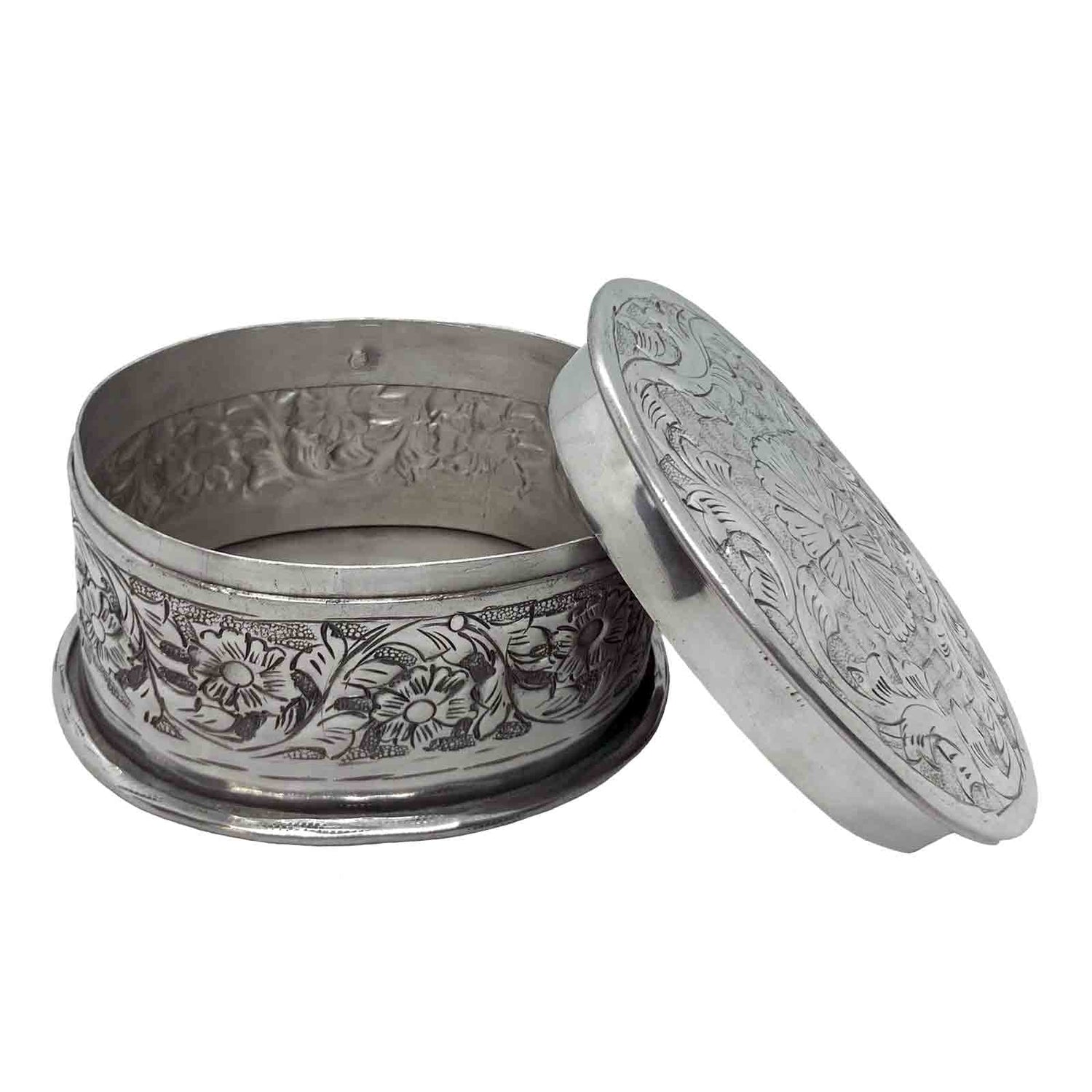 Silver Aluminium Oval Embossed Trinket Box