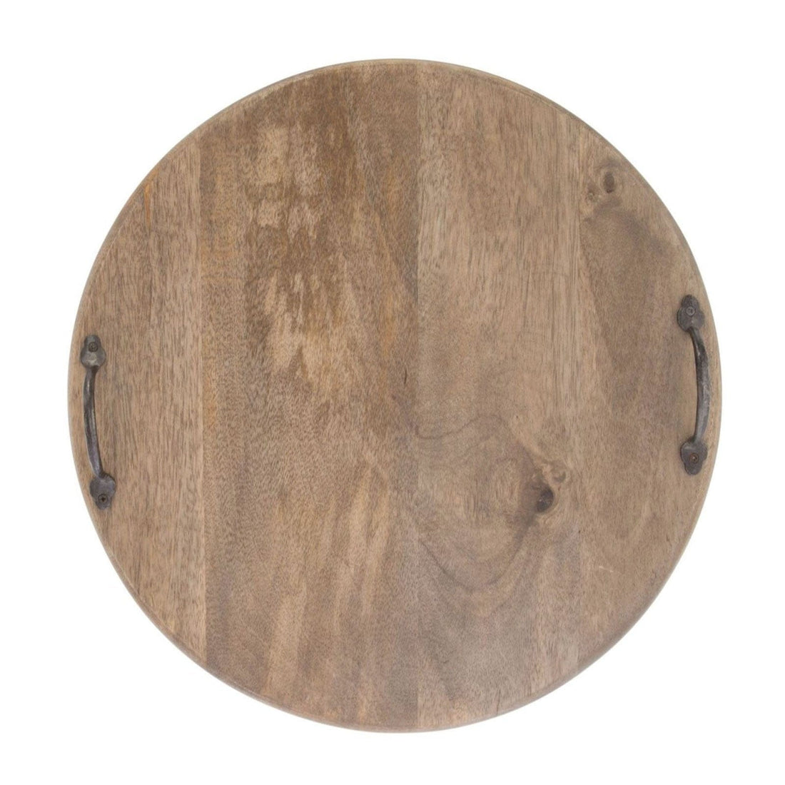 Round Mango Wood Serving Board with Iron Handles.