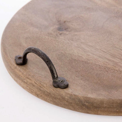 Round Mango Wood Serving Board with Iron Handles.