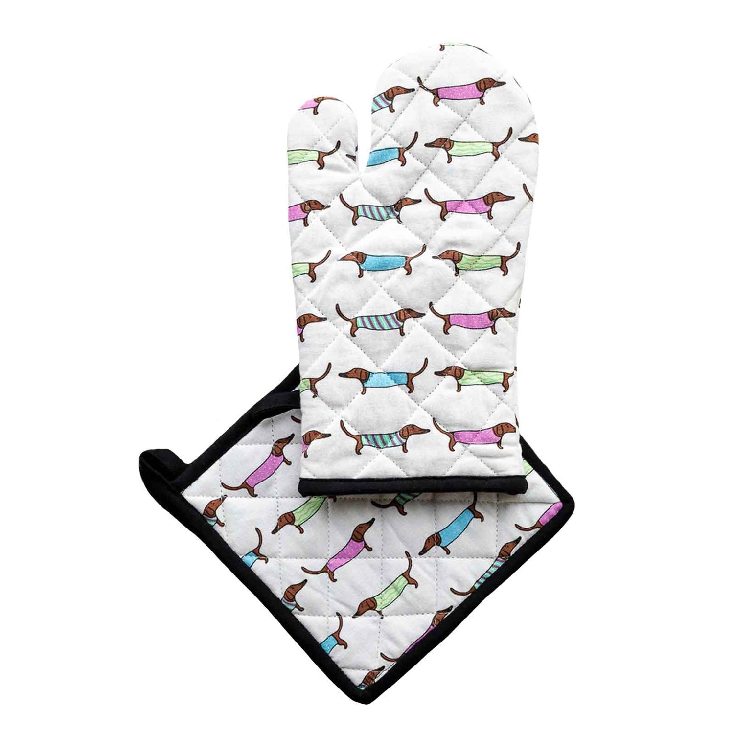 Sausage Dogs 100% Cotton Oven Glove and Pot Holder Set