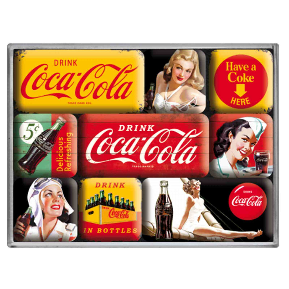 Coca Cola Yellow Red Set of 9 Nostalgic Art Magnets