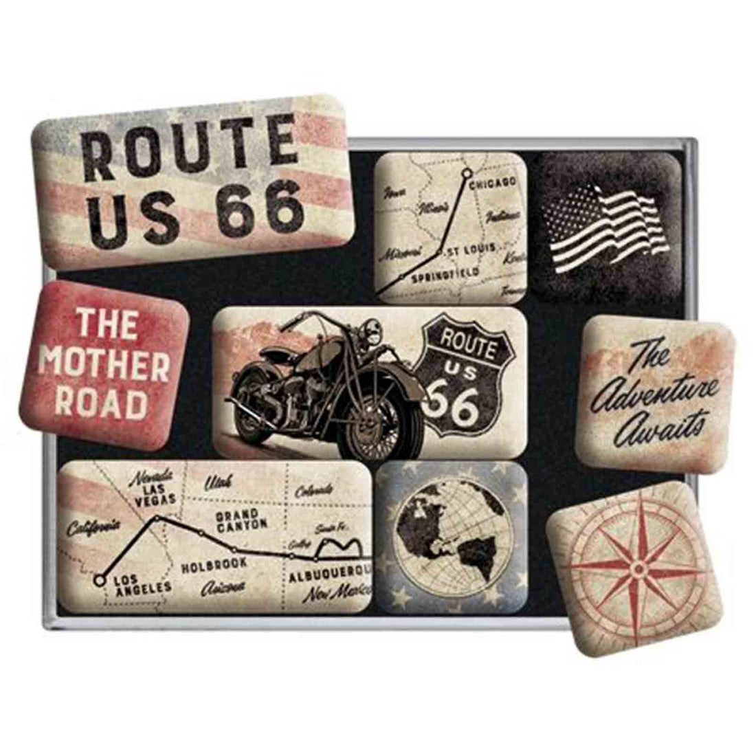 Route 66 Bike Map Set of 9 Nostalgic Art Magnets