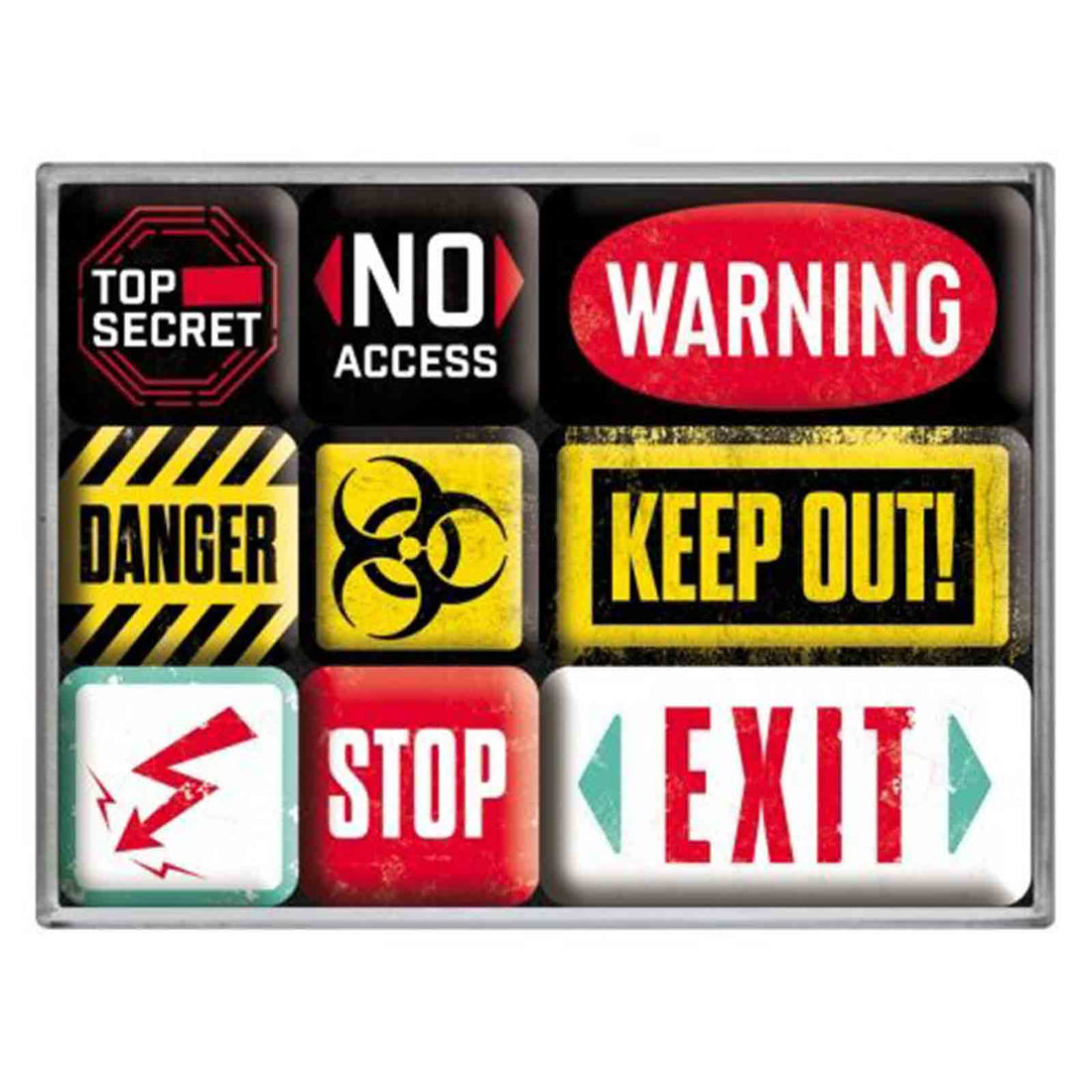 WARNING! Set of 9 Nostalgic Art Magnets Signs