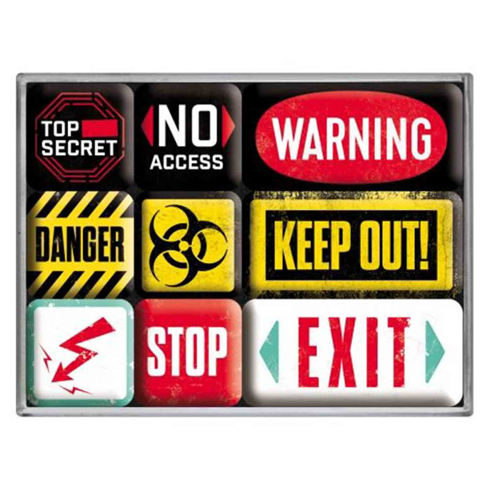 WARNING! Set of 9 Nostalgic Art Magnets Signs