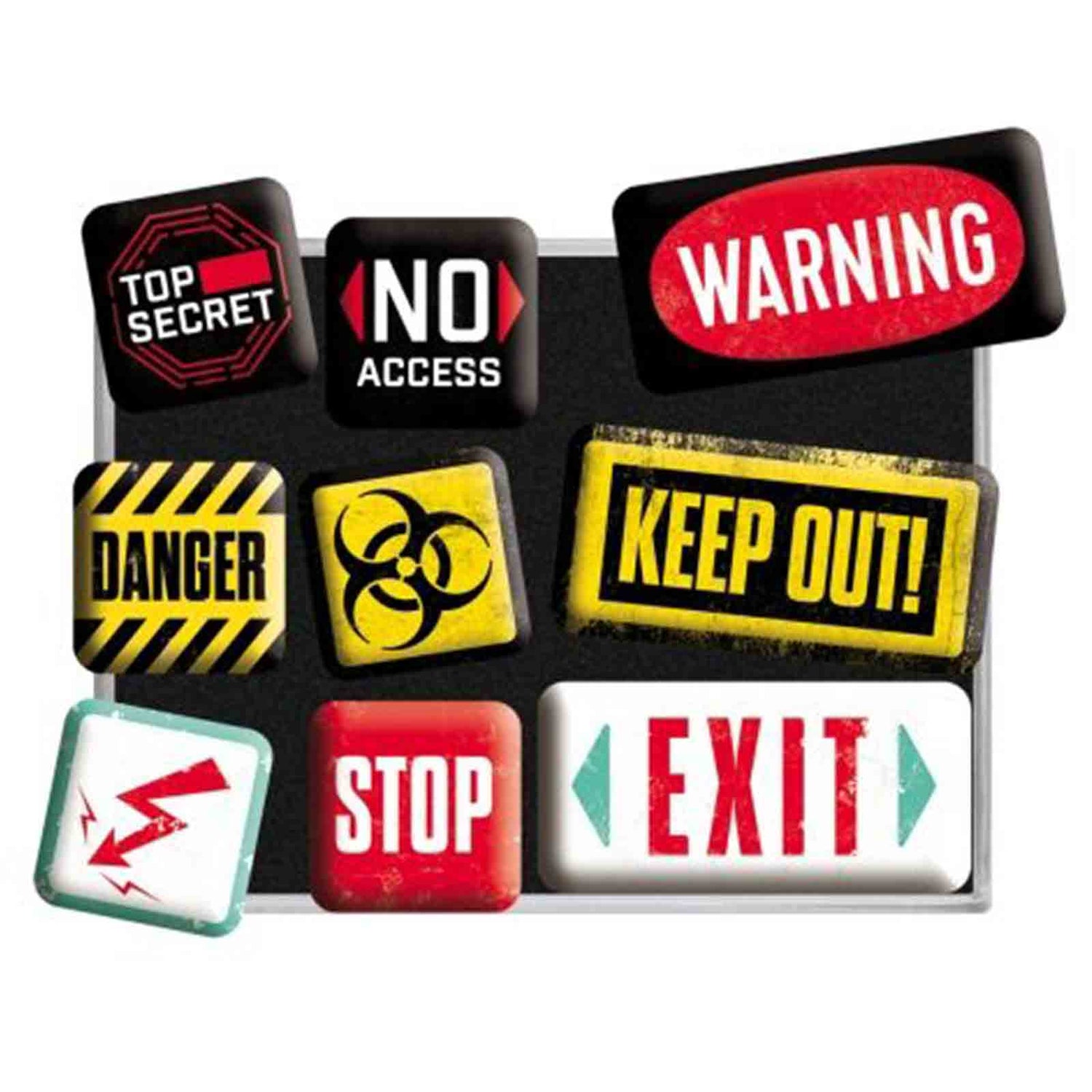 WARNING! Set of 9 Nostalgic Art Magnets Signs