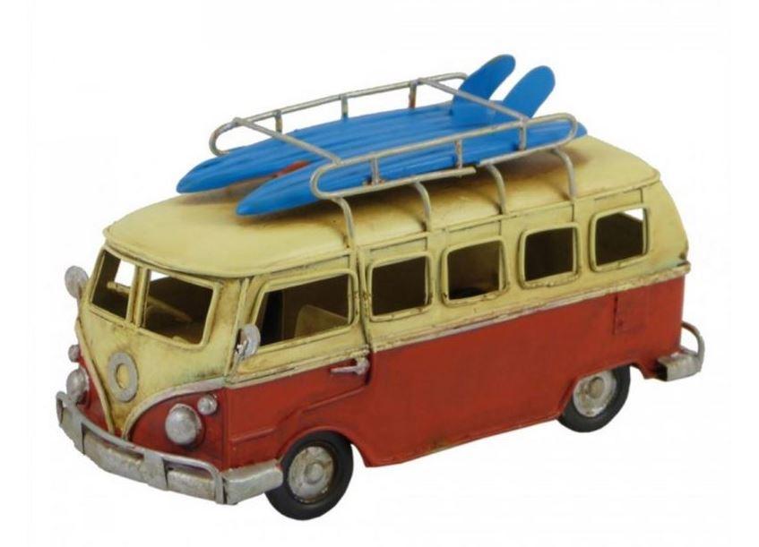 Red Tin Kombi Van with Surfboards.