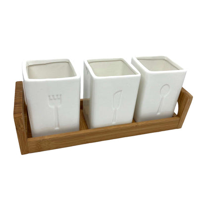 Ceramic Cutlery Storage Caddy with Bamboo Tray
