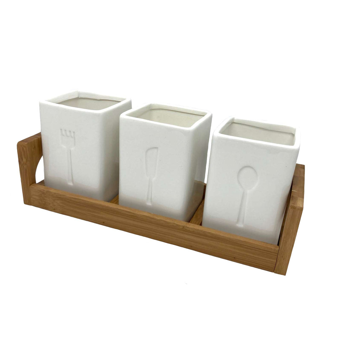Ceramic Cutlery Storage Caddy with Bamboo Tray