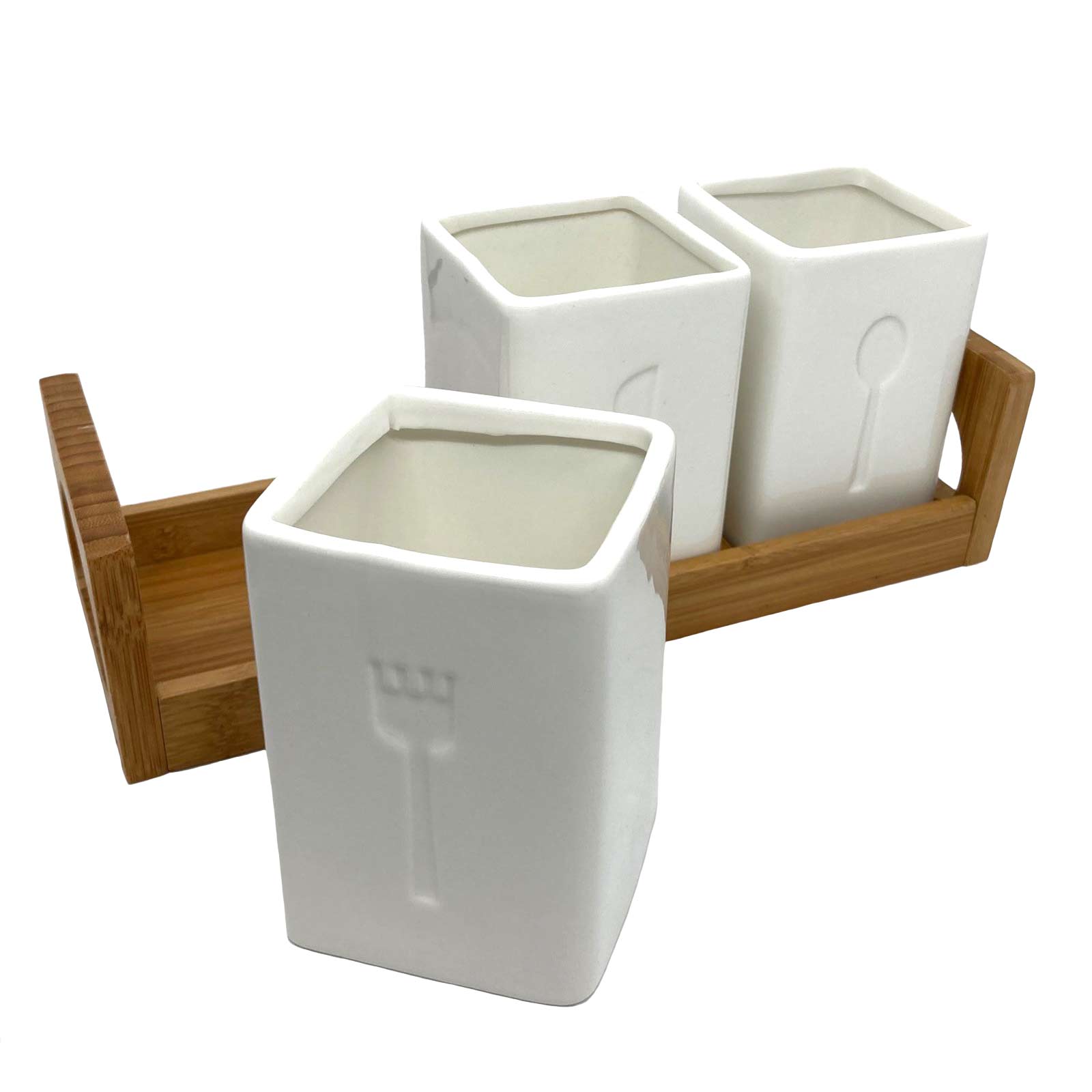 Ceramic Cutlery Storage Caddy with Bamboo Tray