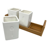 Ceramic Cutlery Storage Caddy with Bamboo Tray