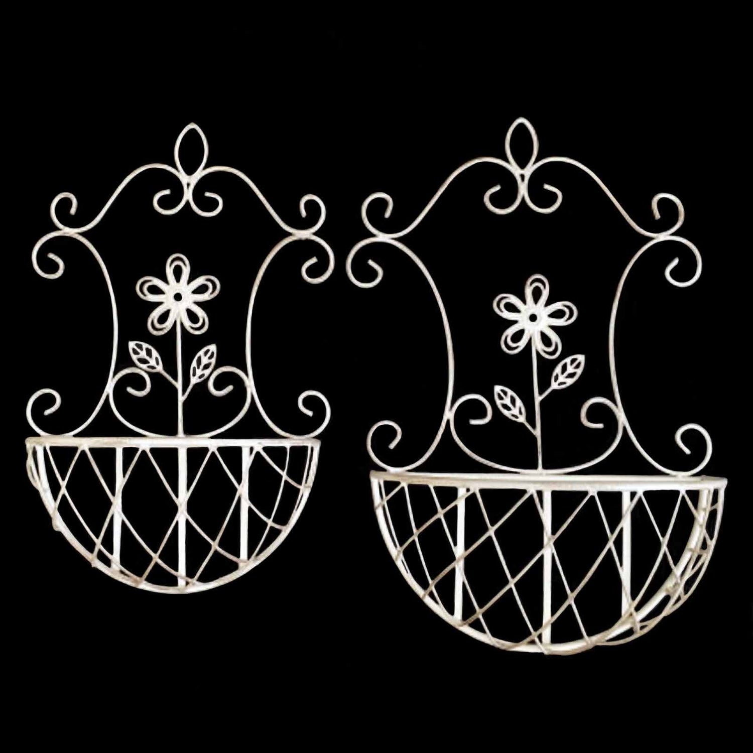 White Metal Ornamental Baskets Wall Planters - both large and small